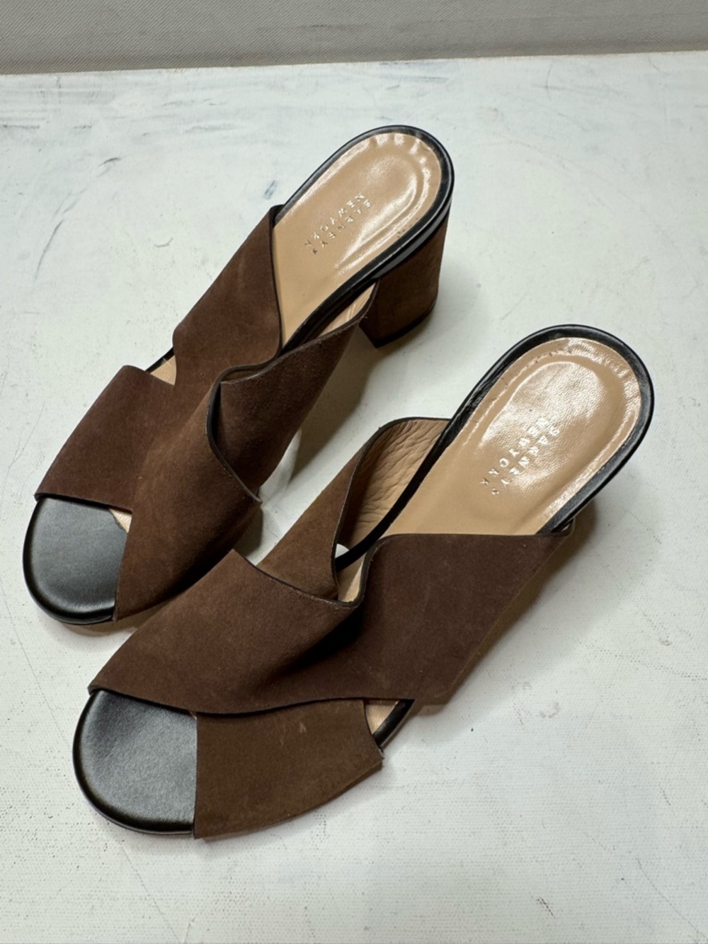 Barneys New York Brown Suede Crossover Block Heel Mules